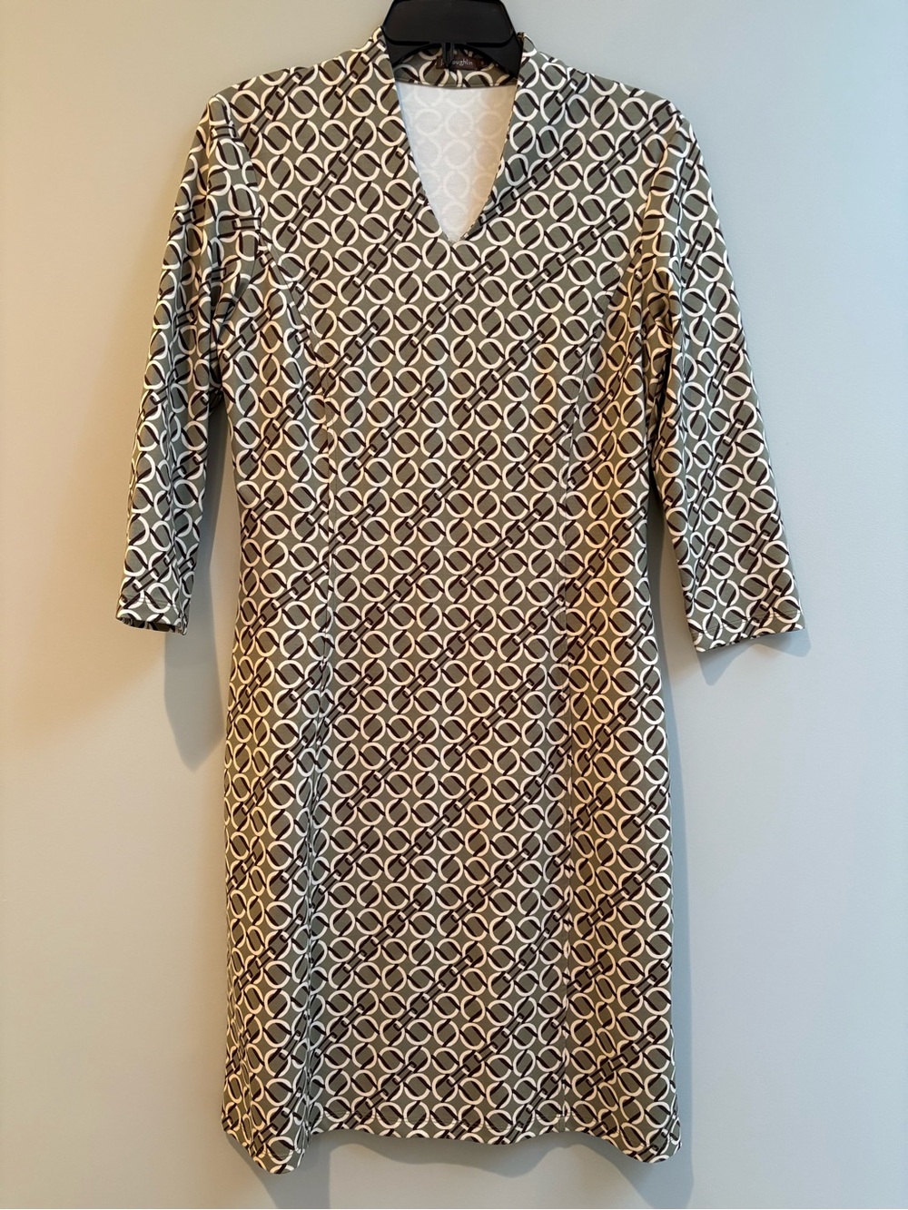 J. McLaughlin Olive, Brown and White Geometric V-Neck Dress